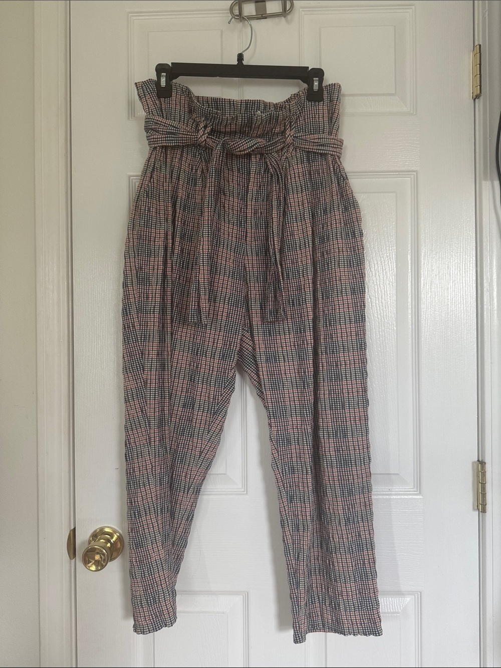 Paperbag pants with checkered print from Anthropologie